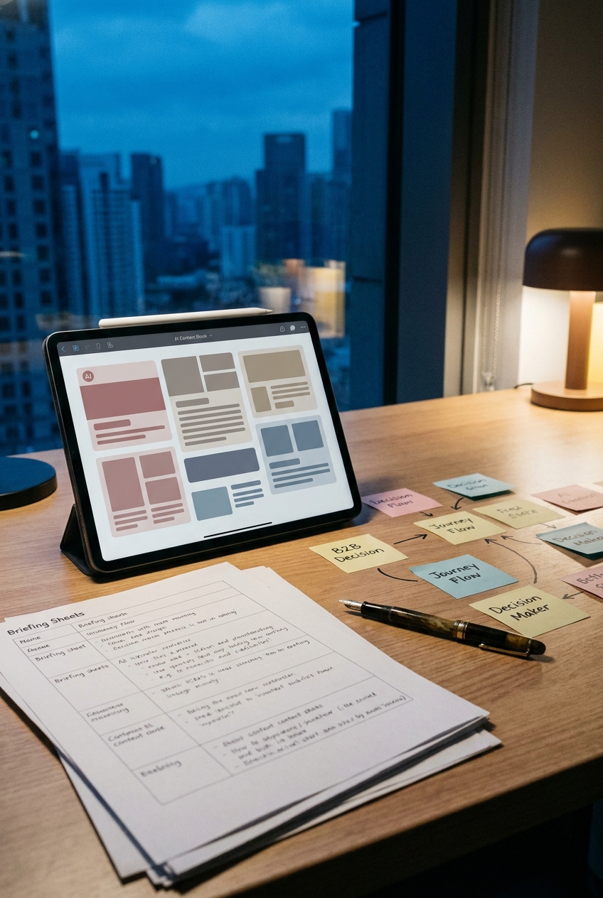 Scrivania con contenuti AI e strategia digitale